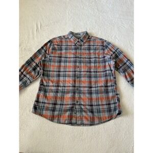 Eddie Bauer Men's Large Classic Fit Plaid Flannel Button Up Shirt Orange Grey‎